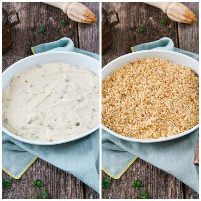 Two process photos of adding jalapeño popper dip to a white casserole dish and then adding breadcrumbs. 