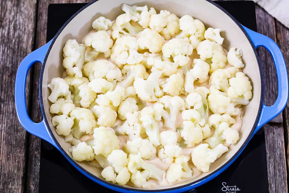  a karfiolvirágokat vegán sajt tetejére rétegezzük egy kék rakott edényben. 