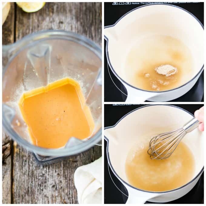 3 process photos of blending vegan cheddar cheese and then pouring and mixing agar agar in water with a whisk.