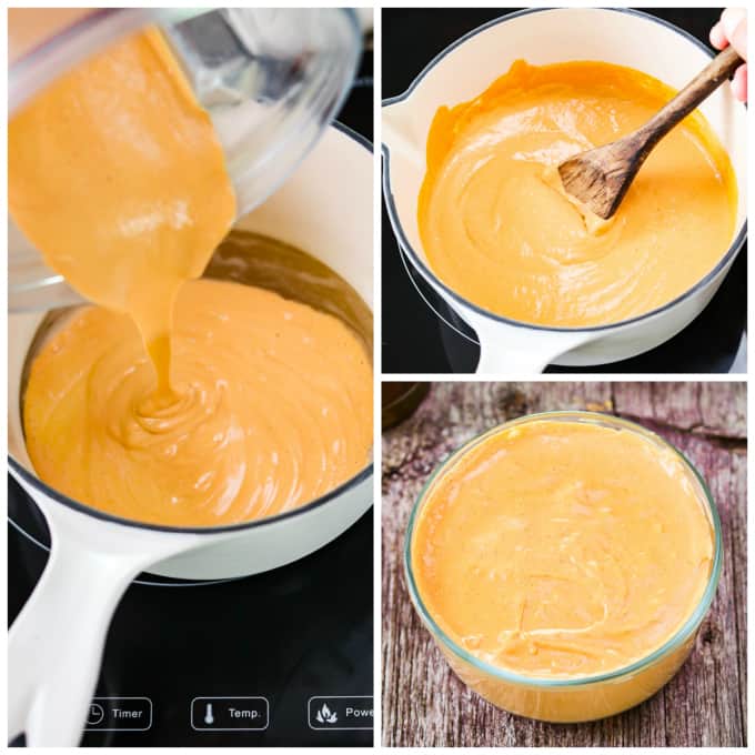 3 process photos of pouring vegan cheddar cheese into a pot, then thickening up and pouring in a glass mold.
