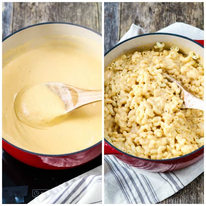 Two process photos of making cheese sauce and stirring in macaroni. 
