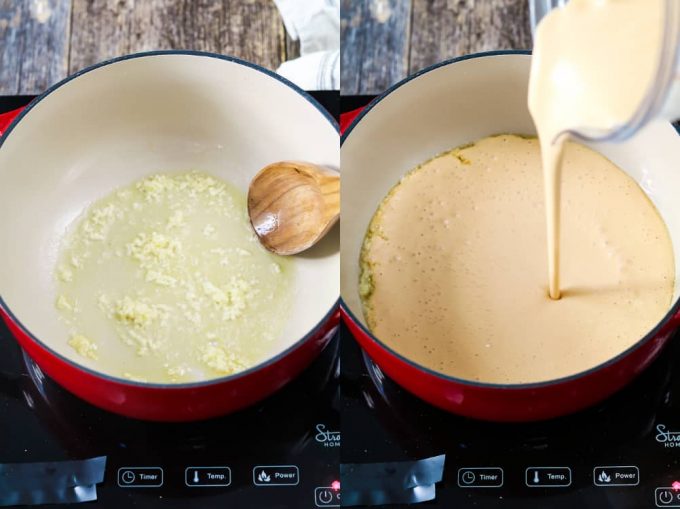 Sautéing garlic in vegan butter and then adding vegan cheese sauce to a red pot. 