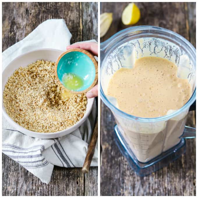 Two process photos of pouring vegan butter into breadcrumbs. Then blending vegan cheese sauce. 