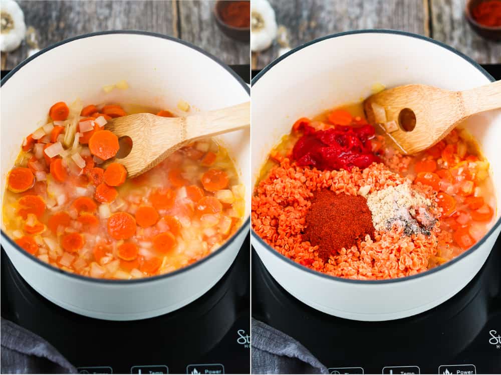 Cooking red lentil soup in a white pot with a wooden spoon. 