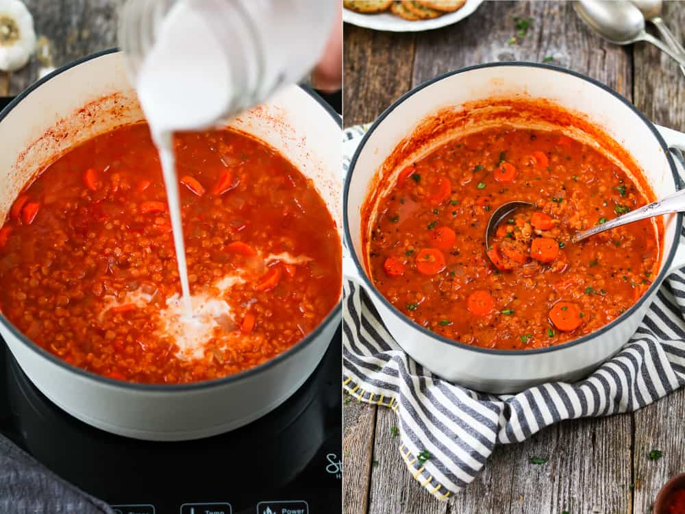 Pouring coconut milk into red lentil soup. Then photo of the completed red lentil soup.