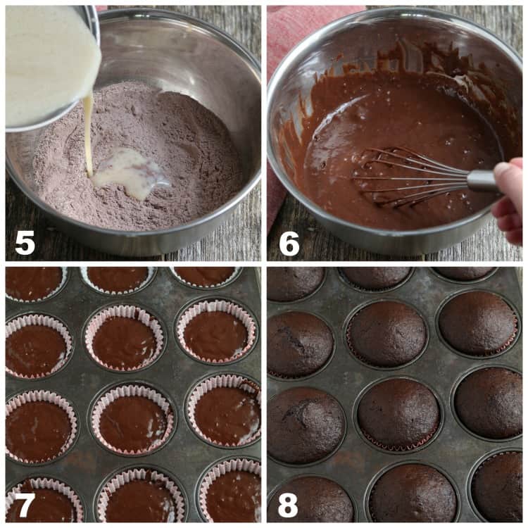 Process photos of pouring wet ingredients into dry. Then filling cupcake pan with batter. 