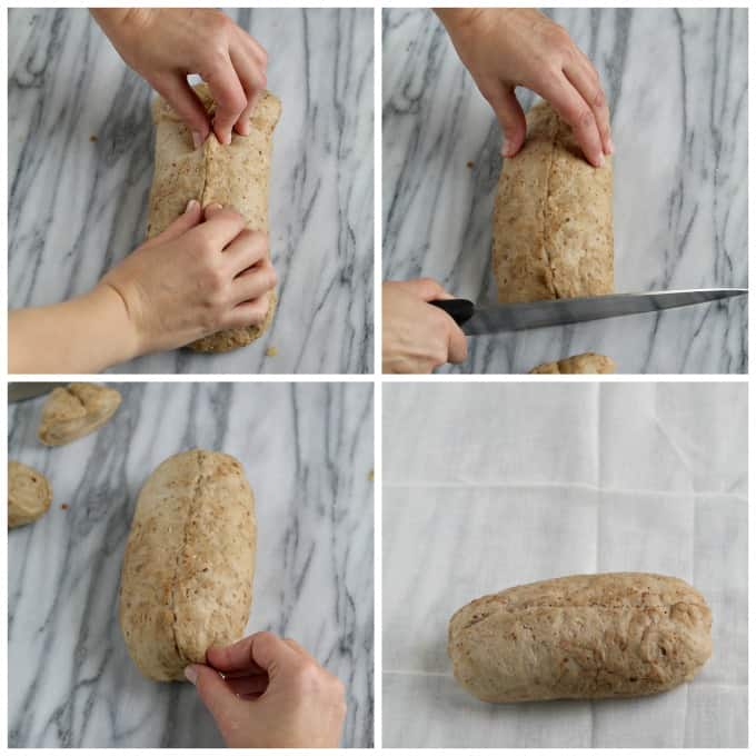 Four process photos of rolling the dough into a loaf shape.