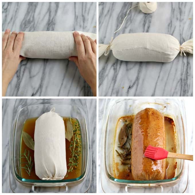 4 process photos of wrapping and glazing the holiday loaf. 