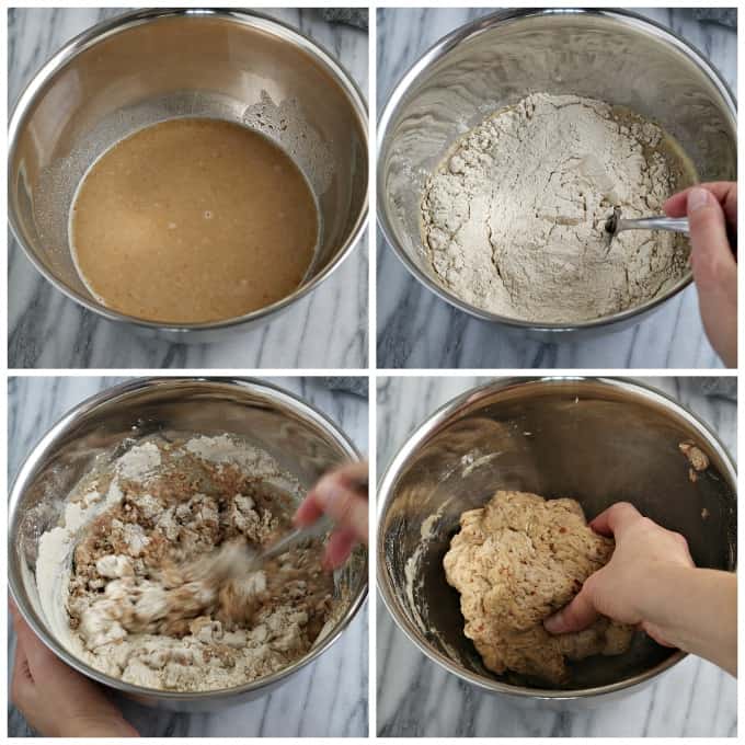 4 process photos of making the dough in a large bowl.