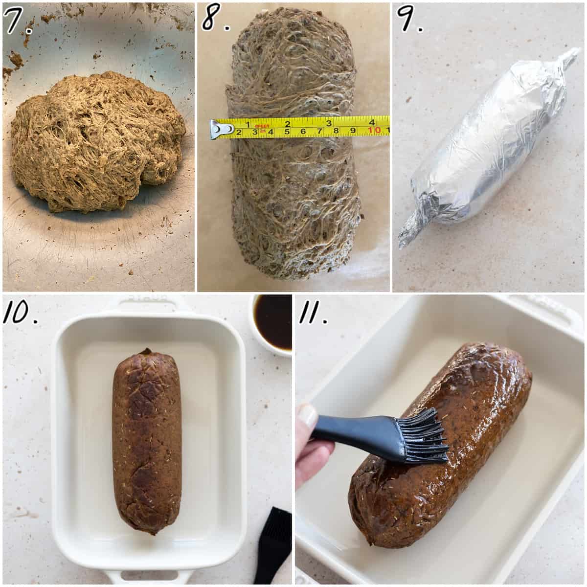 six process photos showing how to knead and form the dough, then glaze. 