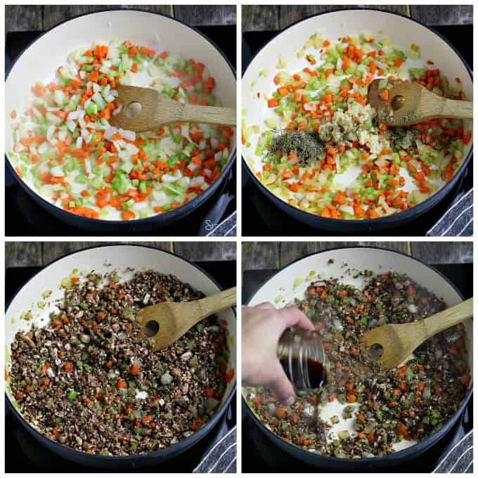 Process photos of sautéing veggies in a gray pan. 