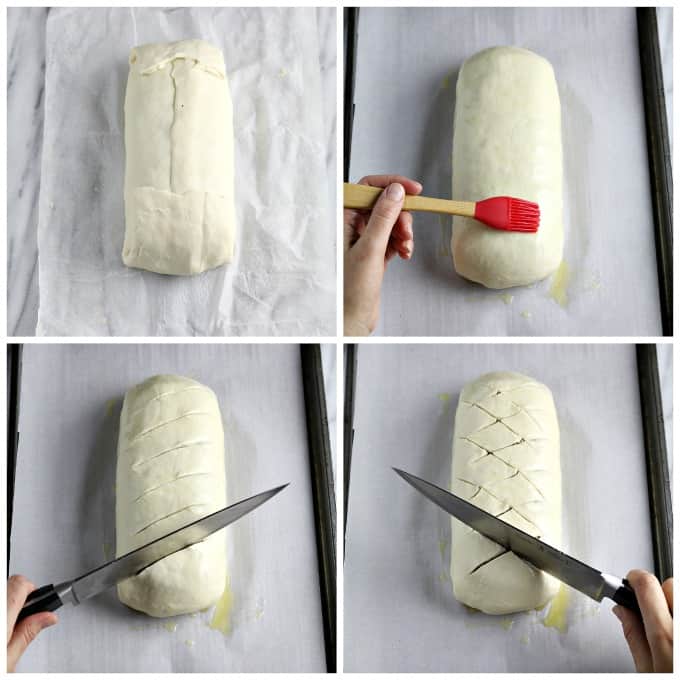 Process photos of brushing vegan butter on uncooked vegan wellington and scoring the top with a knife. 