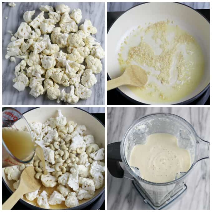4 process photos of chopped cauliflower, sautéing garlic, simmering cauliflower and blending vegan alfredo sauce. 