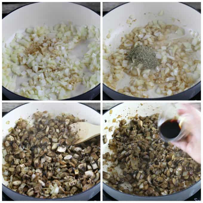 4 process photos of sauteing onions, garlic, seasonings and mushrooms. 