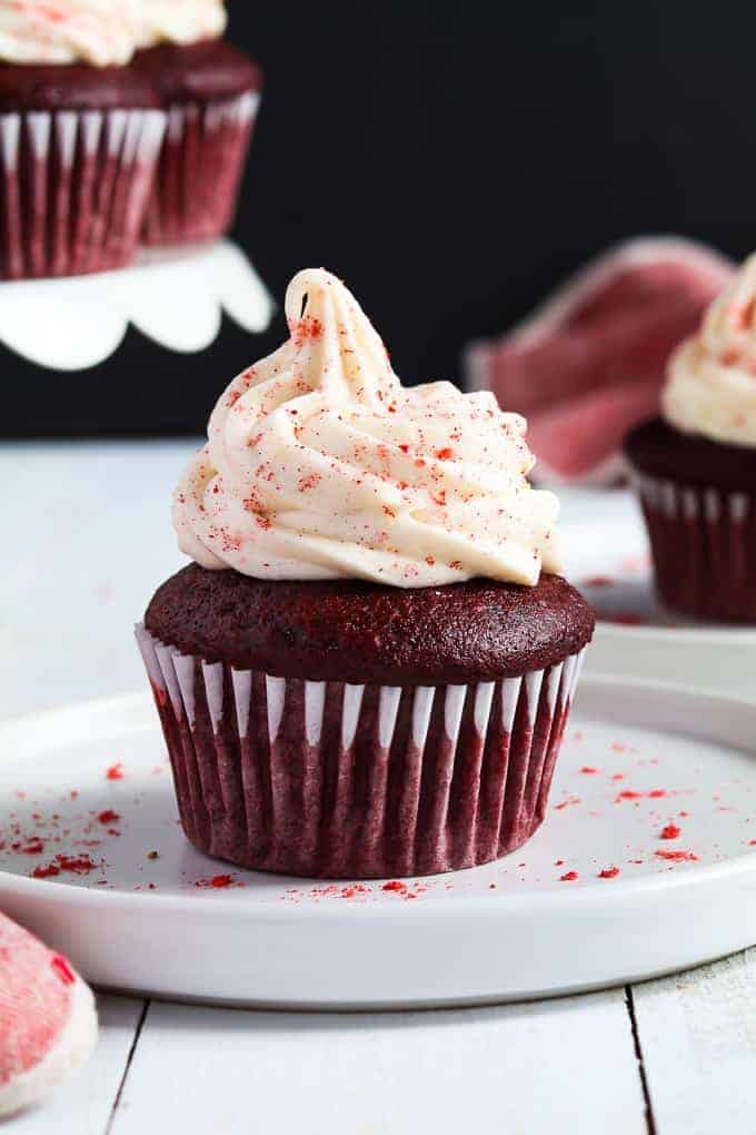 Vegan red velvet cupcakes with cream cheese frosting