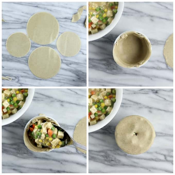 4 process photos of cutting the does for vegan pot pie and lining the ramekin and filling with vegetables. 