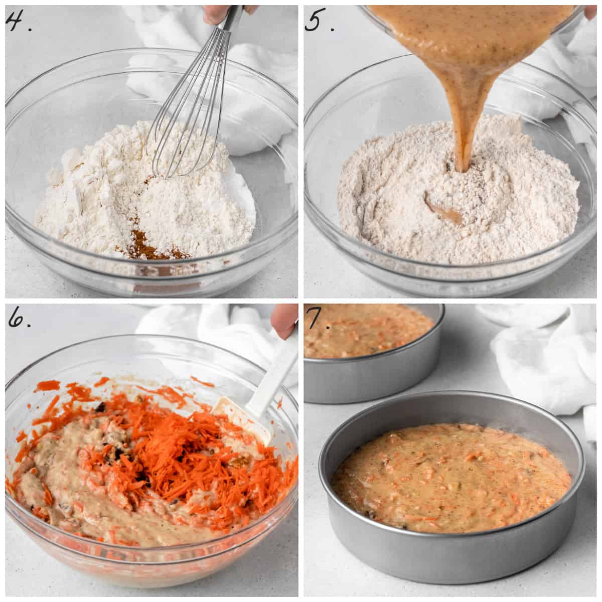 Four process photos of combining the cake batter. 