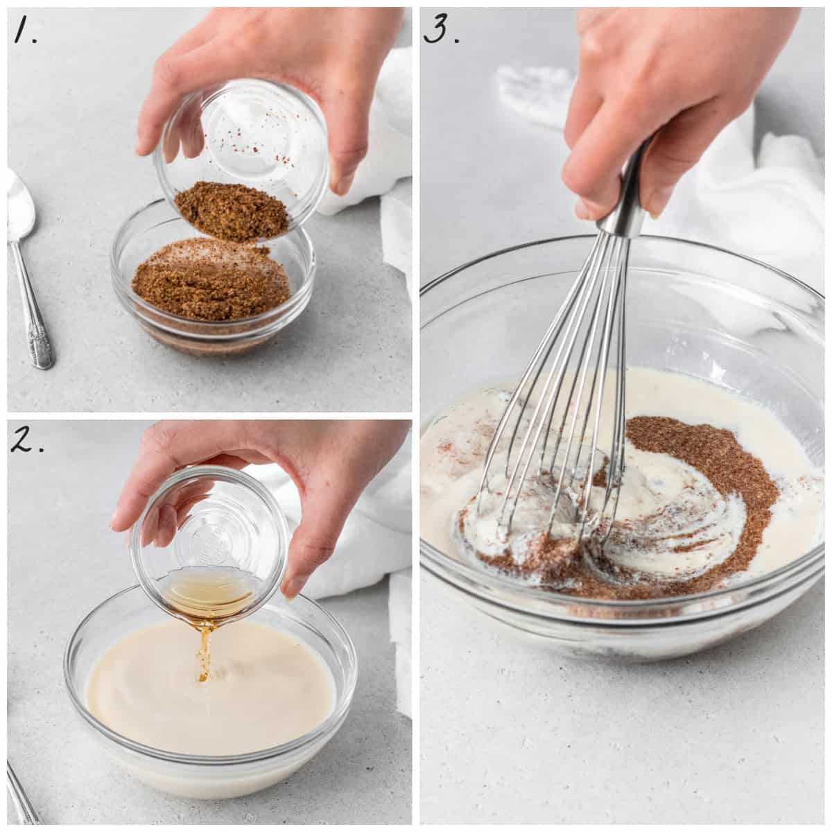 Three process photos of combining the wet ingredients. 