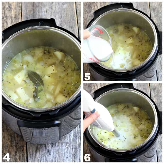 3 process photos of fully cooked potato leek soup in the instant pot, pouring cream and blending. 
