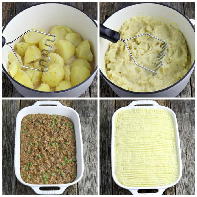 four process photos of mashing potatoes, then filling casserole with mince and topping with potatoes. 