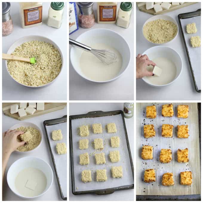 6 process photos of breading tofu squares and baking them. 