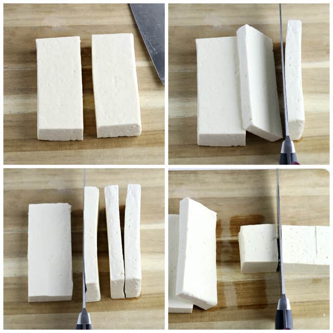 4 process photos of cutting tofu into squares, 