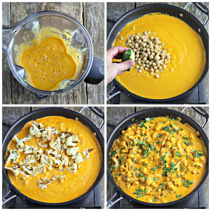 Four process photos of cooking blended curry sauce and adding cauliflower. 