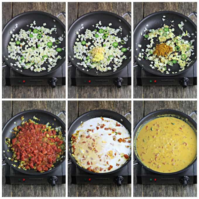 Six process photos of cooking curry sauce in a pan. 