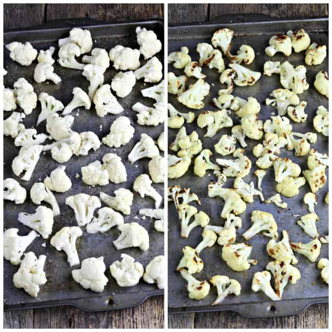 Two process photos of roasting cauliflower (before and after roasting).