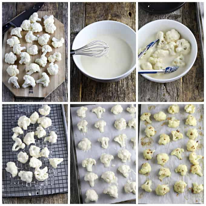 Six process photos showing how to batter cauliflower. 