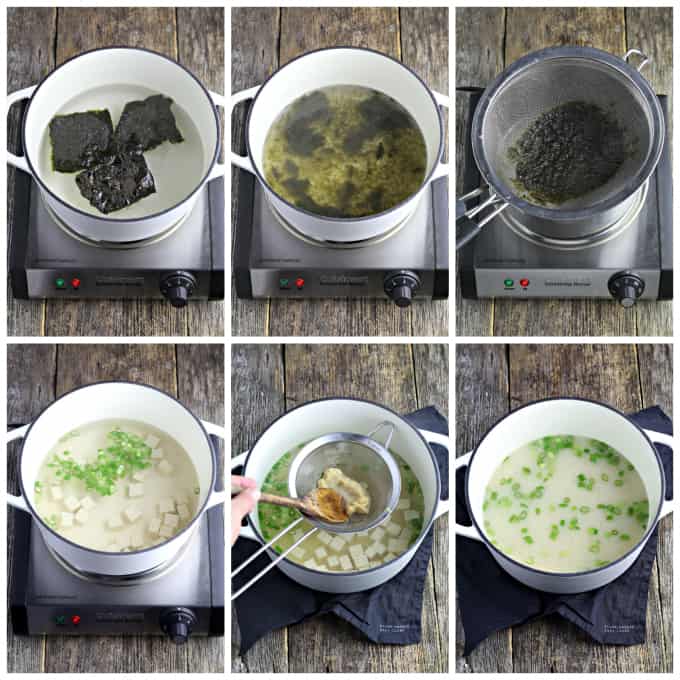 Six process photos of simmering seaweed and cooking tofu and green onions.