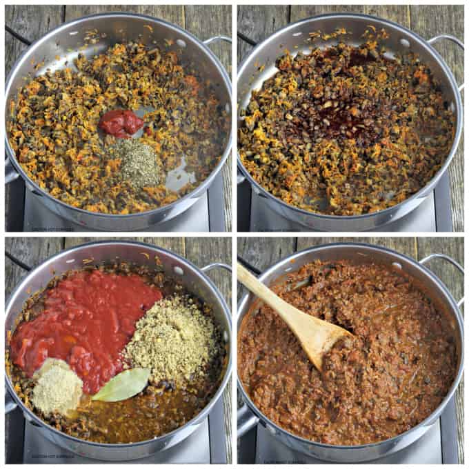 Four process photos of adding the tomato paste, red wine, tomatoes, and walnuts and cooking until thickened. 