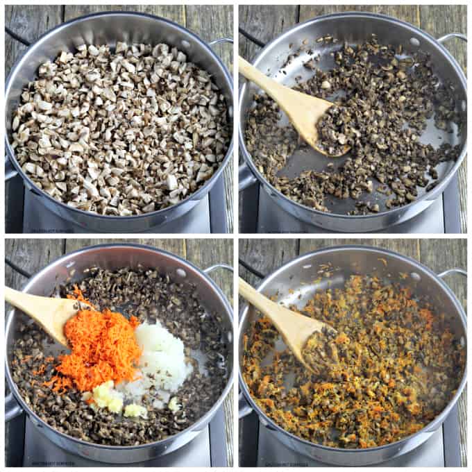 4 process photos of sautéing mushrooms, carrots, onions and garlic in a large pan. 