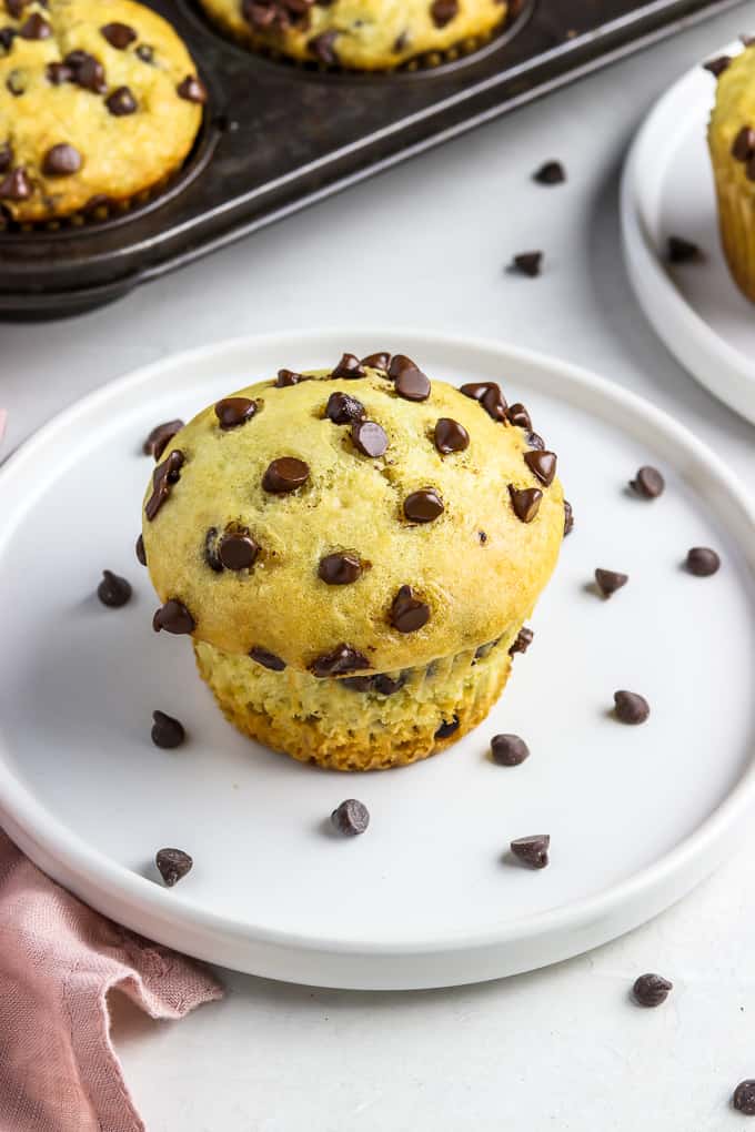 Vegan Chocolate Chip Muffins on two white plates with more chocolate chips on the side. Muffin tin in the background. 