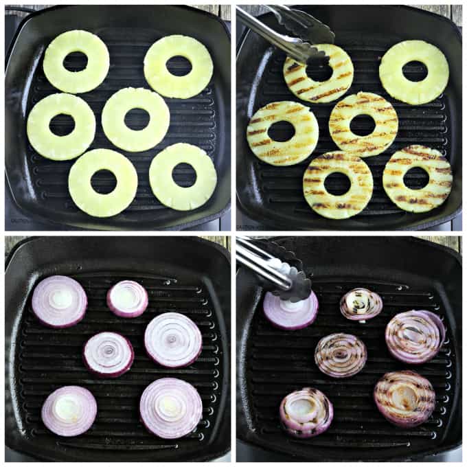 Process photos of grilling pineapple and onions in a grill pan. 