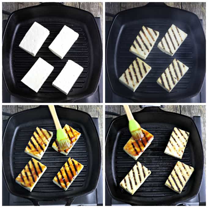 Four process photos of grilling tofu in a grill pan. 