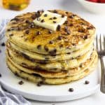side view of vegan chocolate chip pancakes