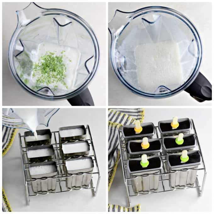 Four process photos of blending mixture and pouring into popsicle molds. 