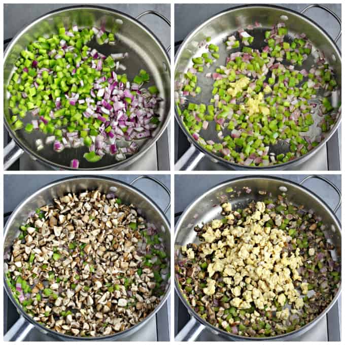 Four process photos of sautéing veggies in the pan. 