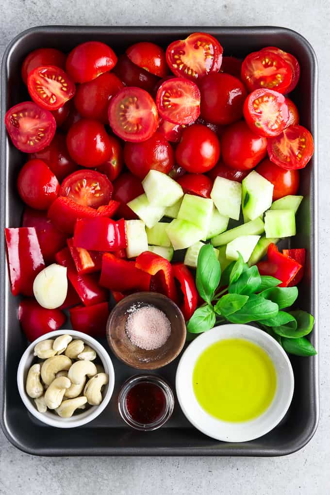 Tray full of fresh ingredients to make an easy gazpacho recipe. 