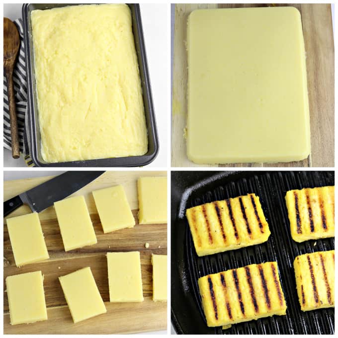 Four process photos of prepping and grilling polenta. 