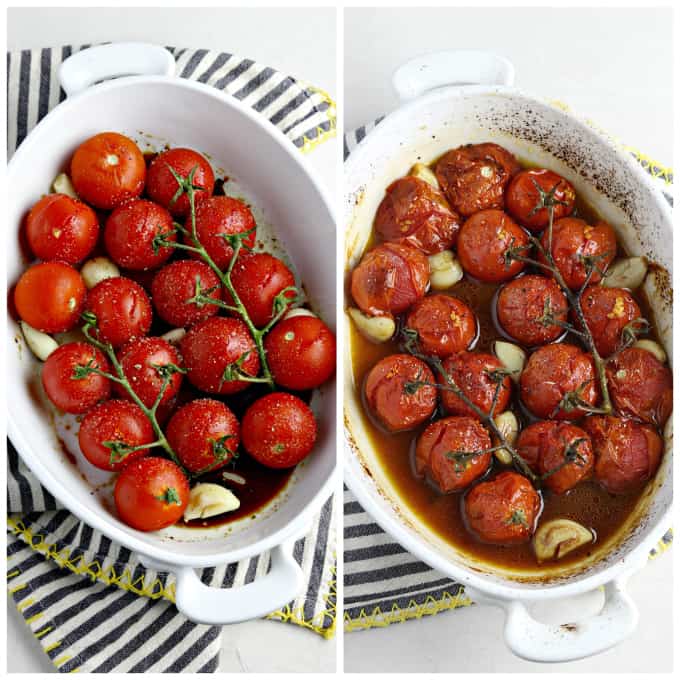 Two process photos of roasting tomatoes in a white baking dish.