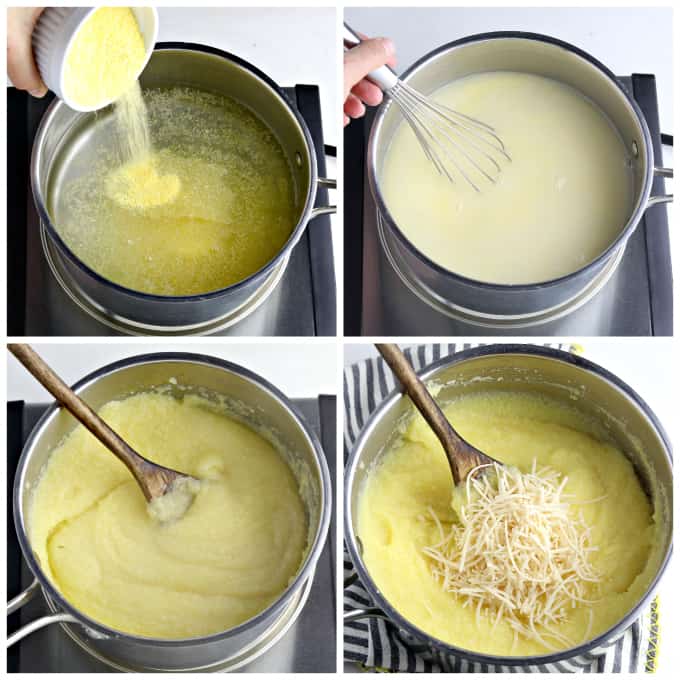 Four process photos of making polenta in a pot. 