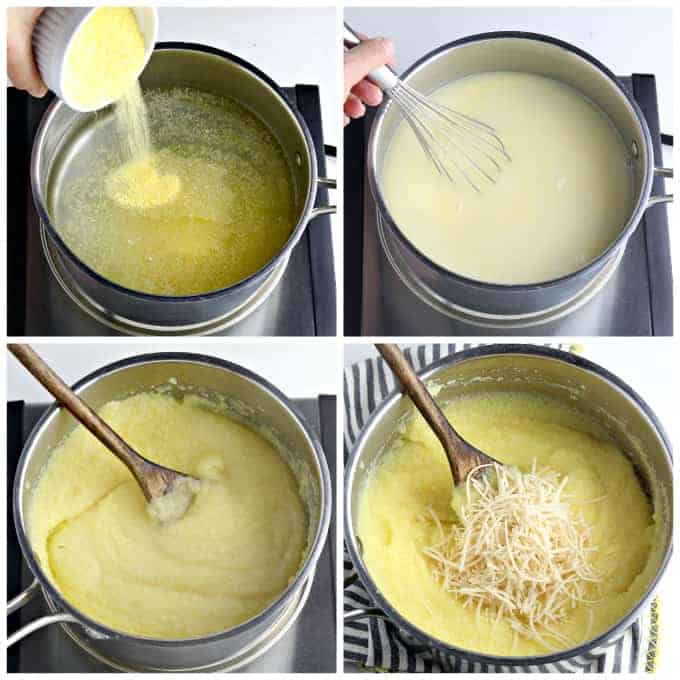 Four process photos of cooking polenta in a pot. 
