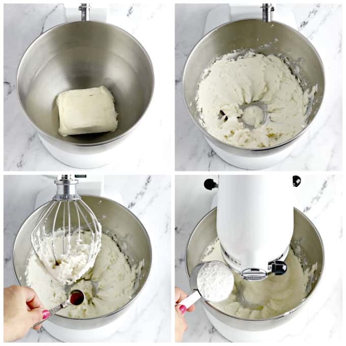 4 process photos of mixing vegan buttercream frosting in a stand mixer.