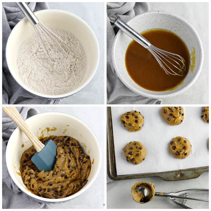 4 process photos of making cookie dough and placing on baking pan. 