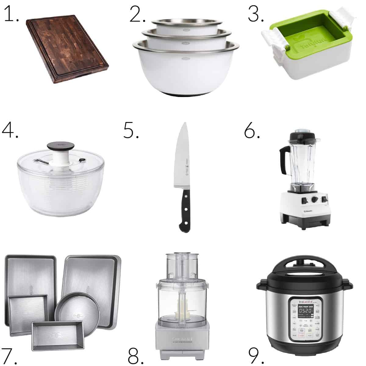 9 photo collage of vegan gift ideas for the kitchen.