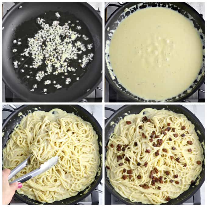 Four process photos of making cabonara sauce and tossing it with spaghetti. 
