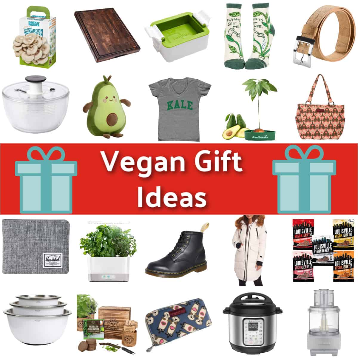 Photos collage of vegan gift ideas for the holidays. 