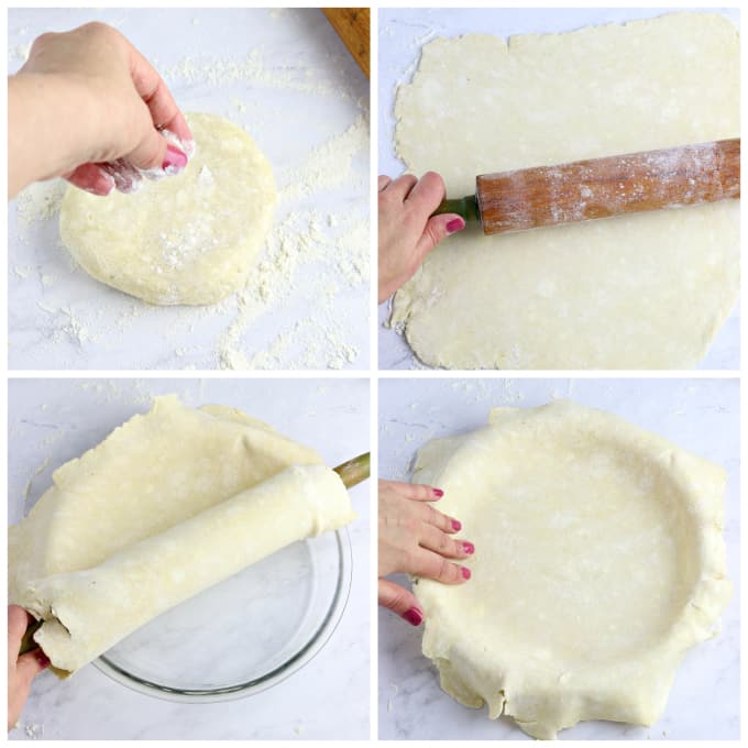 4 process photos of rolling out a pie crust. 